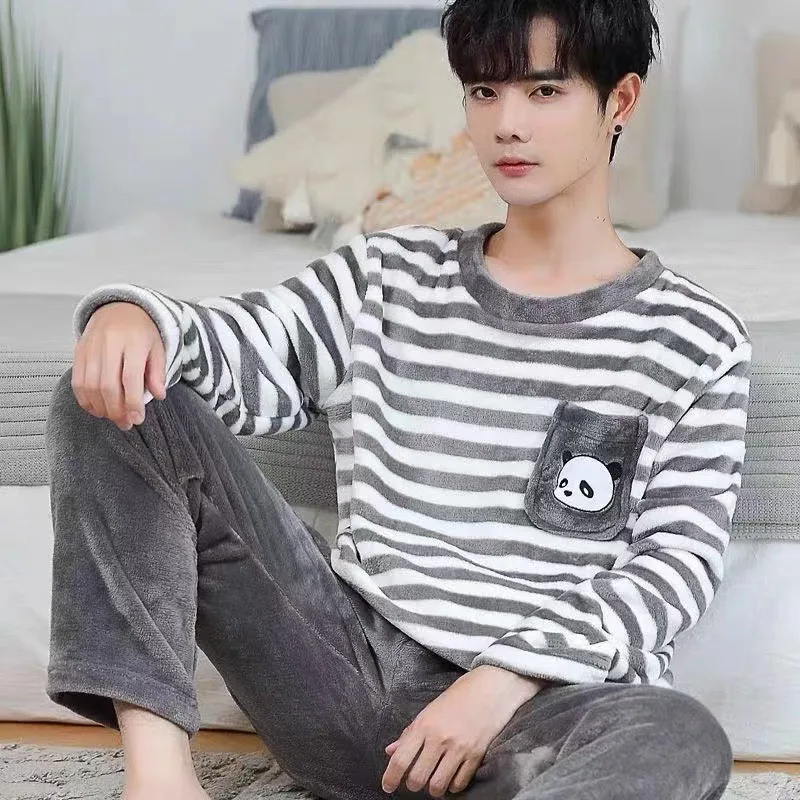 Winter Flannel Pajamas Men Korean Version of the Striped Padded Long-Sleeved Cartoon Nightwear Homewear Set Sleepwear Loungewear - Image 4