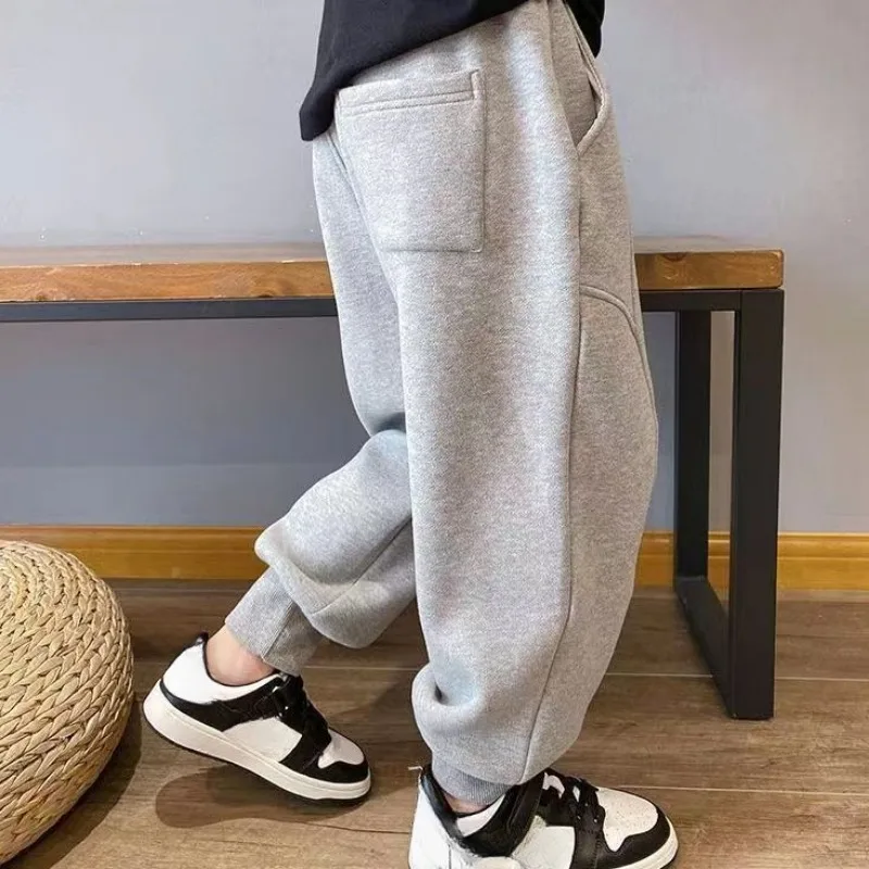 Autumn Kids Boys Solid Sweatpants Ankle Length Harem Pants 3+y Young Children Clothing Winter Girls Fleece Warm Sport Trousers - Image 3
