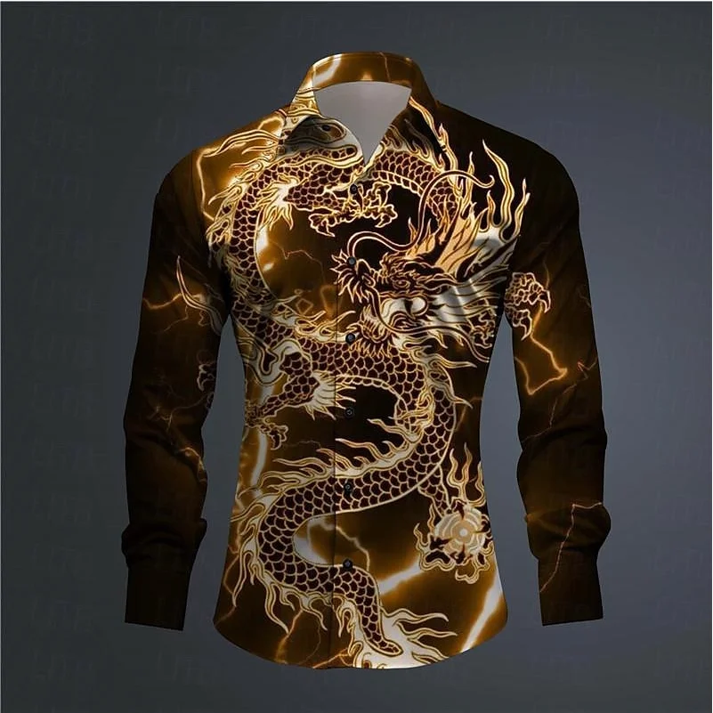 Hawaii Men's 3D Printed Dragon Print Roll-down Button-down Shirt Outdoor Street Long Sleeve Clothing Fashion Casual Beach Style - Image 2