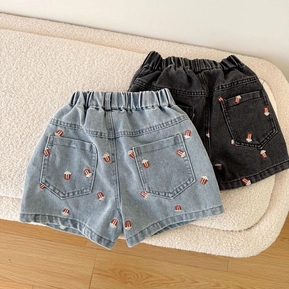 2025 Summer Kids Denim Shorts for Boys Girls Popcorn Embroidery Elastic Waist Casual Knee Length Pants - Image 5