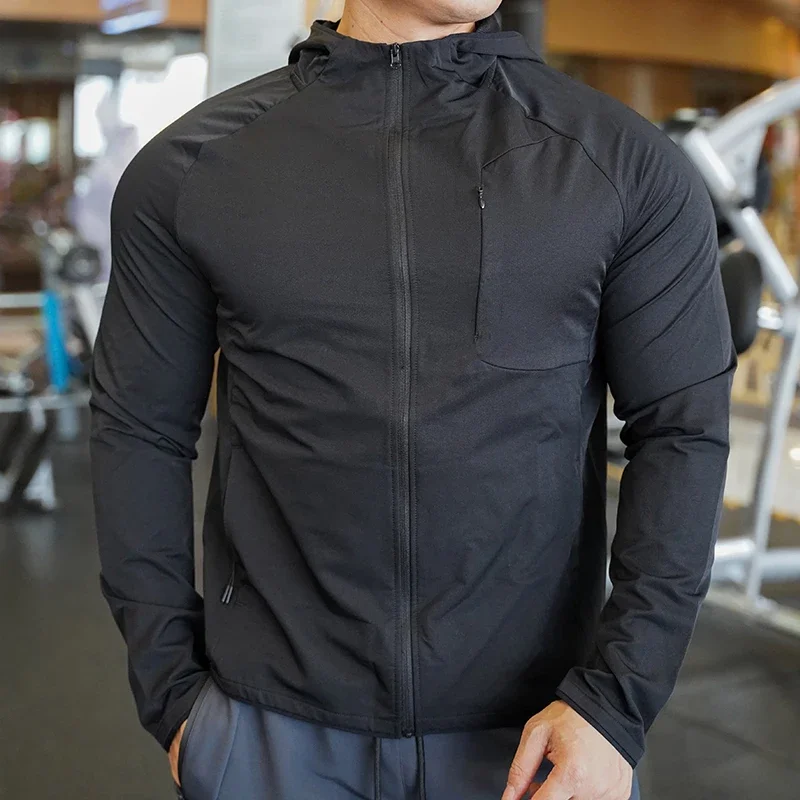 High Quality Nylon Sport Coat Mens Gym Fitness Hoodies Outdoor Workout Tops Hooded Training Running Zipped Jacket Clothes - Image 4