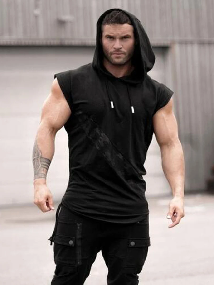 Men's leisure sports vest fitness show muscle men's sports leisure running training clothes sleeveless hooded vest outdoor stree - Image 2