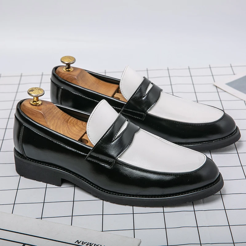Luxury Brand Black and White Colorblock Loafers Men Slip-On Classic Style Casual Leather Shoes Thick Sole High Quality Moccasin - Image 2