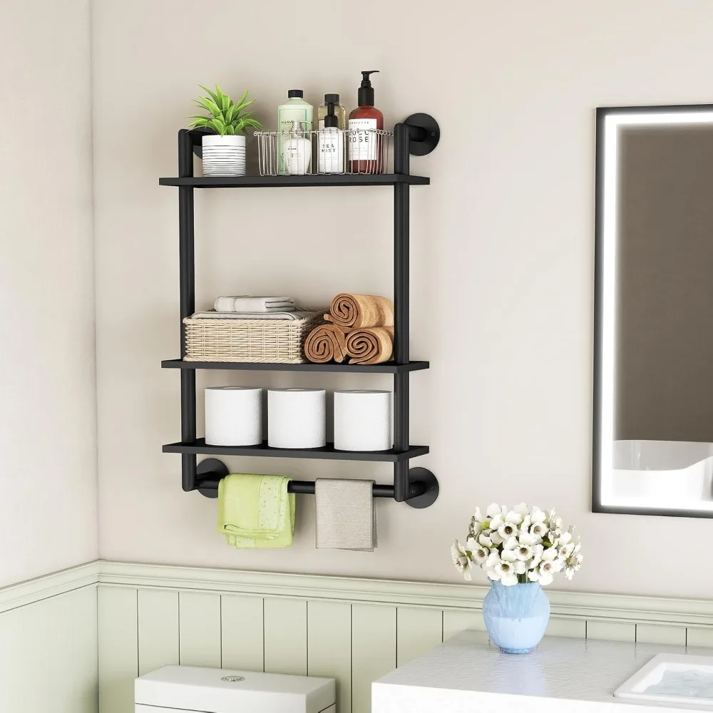 Bathroom Shelves Wall Mounted, 3 Tier Towel Racks with Towel Bar, 26in Stainless Steel Industrial Floating Pipe Shelves Over Toi - Image 6