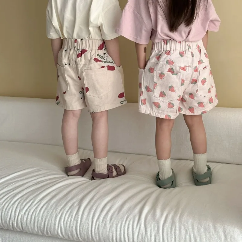 Kids Summer Cotton Shorts Strawberry Cartoon Print Boys Casual Loose Short Pants Girls Elastic Waist Baby Knee-length Pants - Image 3