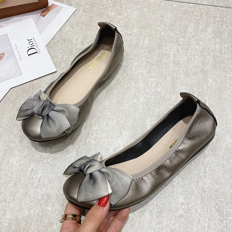 Womens Foldable Soft Round Toe Ballet Flats Butterfly Knot Sweet Comfortable Slip on Flat Ballerinas Shoes Woman PU Leather - Image 4
