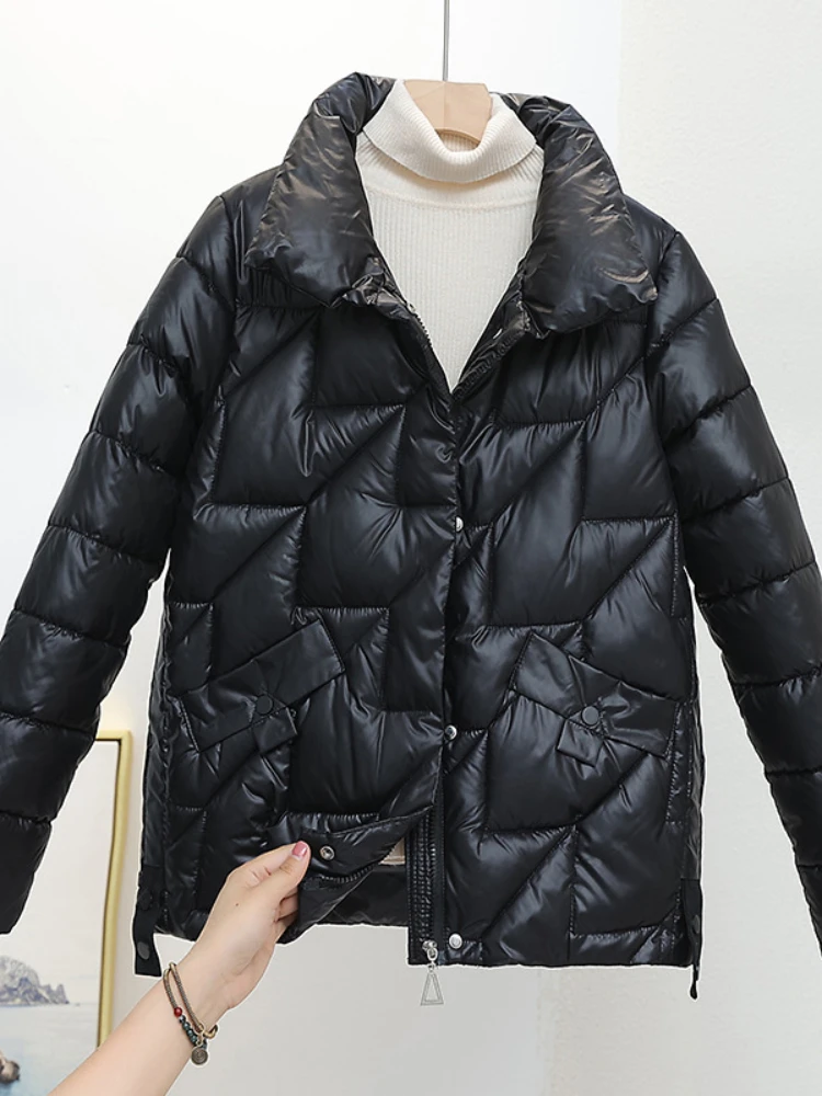 Women Jacket Winter Parkas Female 2023 New Glossy Down Cotton Jackets Stand Collar Casual Warm Parka Short Coat Female Outwear - Image 6