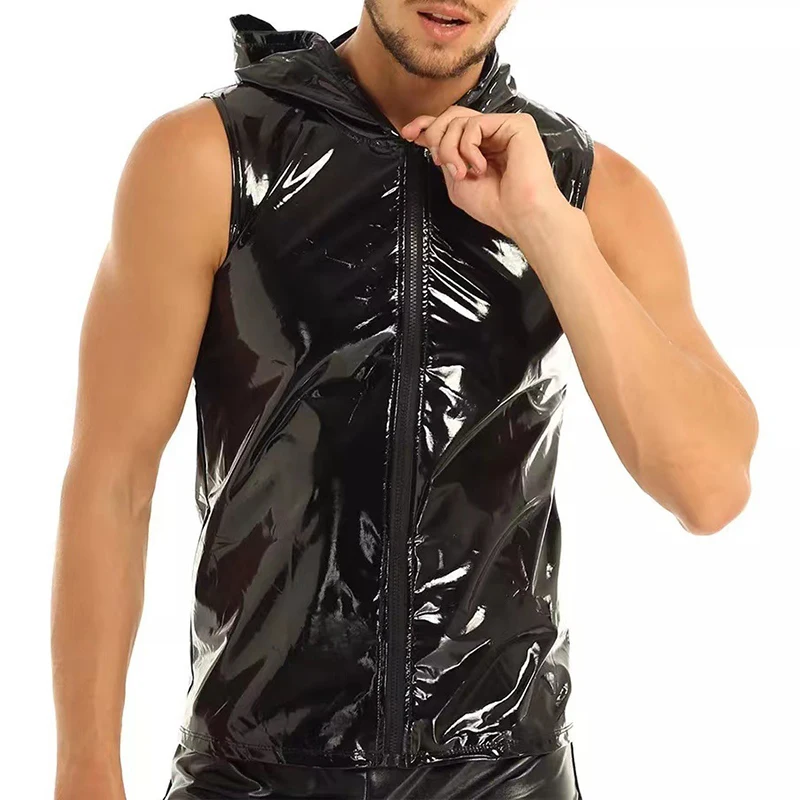 Men PVC Hoodies Tank Tops PU Leather Zipper Sleeveless Latex Hooded Shirts Vest Sexy Party Clubwear Fitness T-shirts Streetwear - Image 3