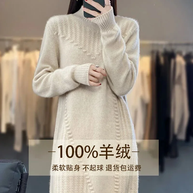 Erdos City Produces Medium To Long 100% Cashmere Sweater Dress, Half High Neck Loose Knit Wool Sweater For Women A-line Skirt - Image 3