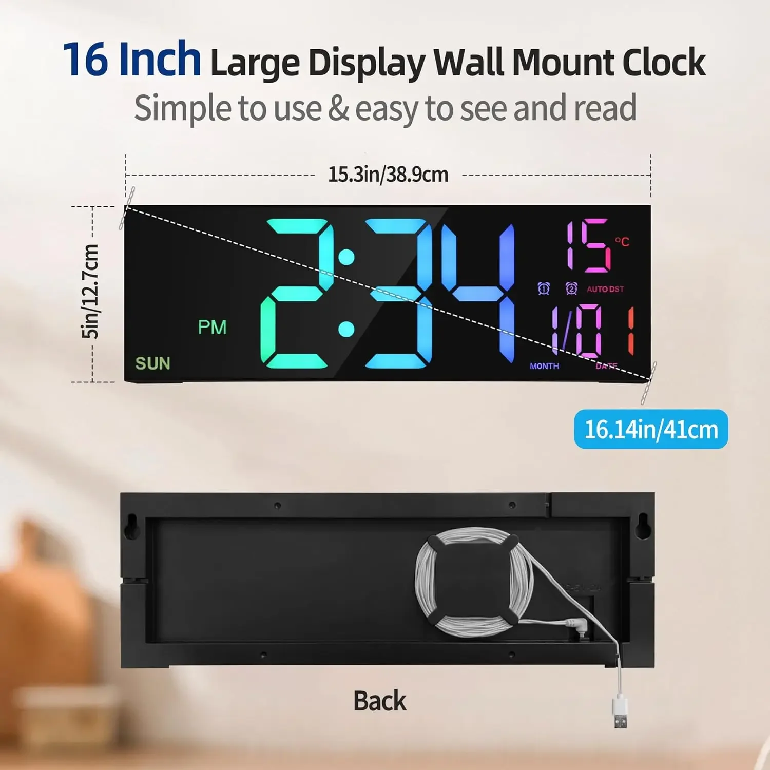 16.2'' Large Digital Wall Clock with Remote Control Big LED/Dual Alarm/8 RGB Colors Digital Alarm Clock Electronic Watch - Image 2