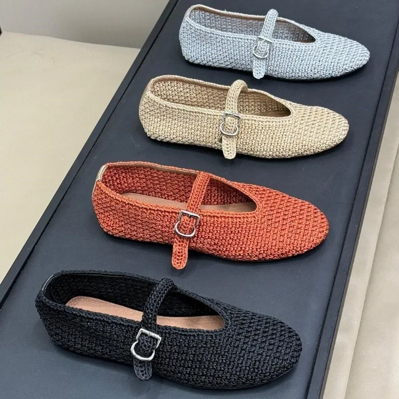 Knitted Hollow Out Flats Mary Janes Shoes Women Spring Summer Breathable Elegant Ballet Shoes Ladies buckle strap Loafers 2025 - Image 2