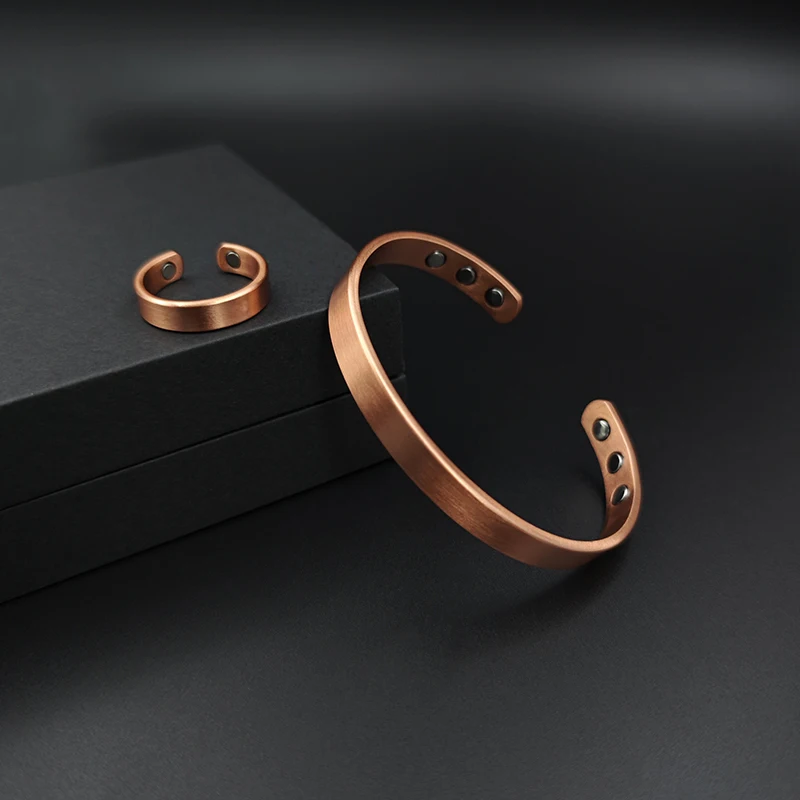 Set Pure Copper Bracelets and Rings Simplicity Cuff Magnetic Bangles for Women Men Arthritis Health Solid Copper Jewelry - Image 4