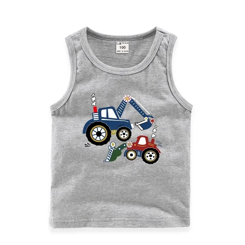 2025 New Summer Camisole Boys Girls Children's Cotton Sleeveless Bottoming Shirt Cartoon Excavator Casual Kids Vest - Image 2
