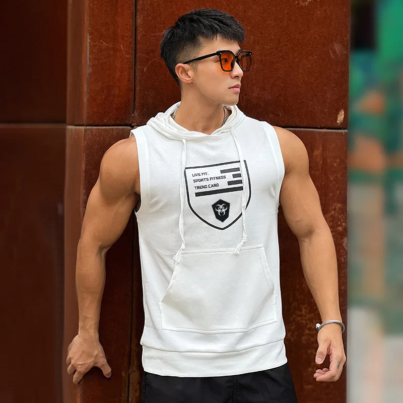 Hooded Print Cotton Gyms Clothing Mens Bodybuilding Tank Top Sleeveless Vest Sweatshirt Fitness Workout Sportswear Tops Male - Image 4