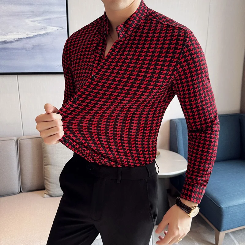 High-quality Houndstooth Shirts for Men 2024 Spring High Elasticity Slim Casual Shirt Brand Men Clothing Social Party Streetwear - Image 4