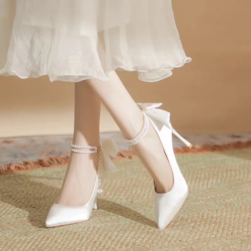 Size 35-40 Stiletto Heel Point Toe Pearls Buckle Belt 9cm High Heel Ladies Bow Satin Fabric White Wedding Shoes Women Pumps - Image 3