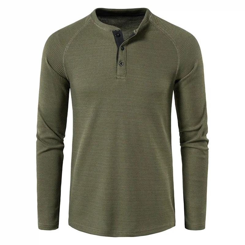 Fashion Waffle Cotton T Shirt Men 2024 Autumn New Slim Fit Long Sleeve Henley Tshirt Men Streetwear Casual Solid Color T-Shirt - Image 3