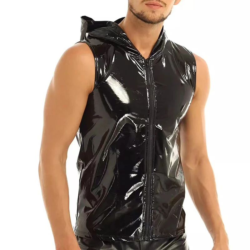 Men PVC Hoodies Tank Tops PU Leather Zipper Sleeveless Latex Hooded Shirts Vest Sexy Party Clubwear Fitness T-shirts Streetwear - Image 4