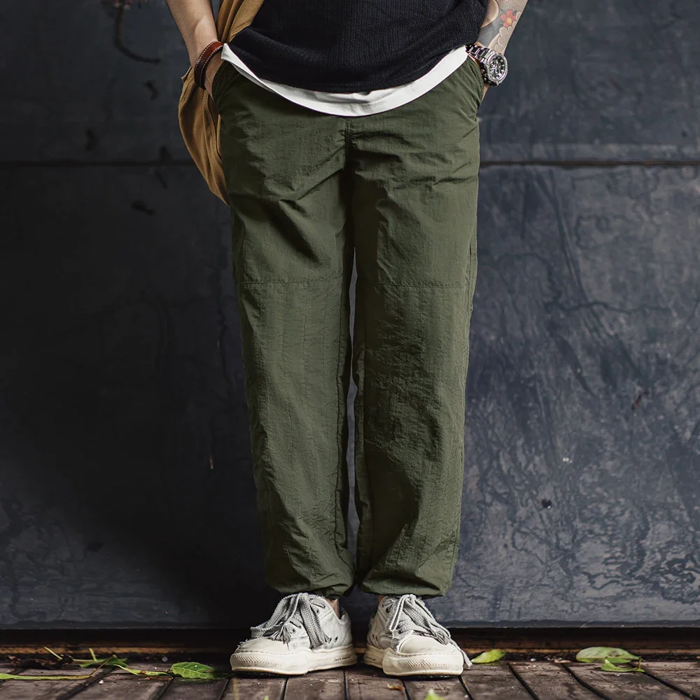 Maden Retro Thin Pants with No Elastic Waist and Braided Hemp Rope Elastic Leg Design Pants Green Straight Casual Pants for Men - Image 2
