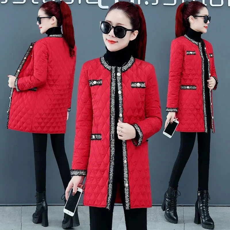 2023 Winter Women's New Korean Loose Cotton-padded Jacket Diamond Lattice Light Down Cotton Female Mid Length Slim Padded Coat - Image 2