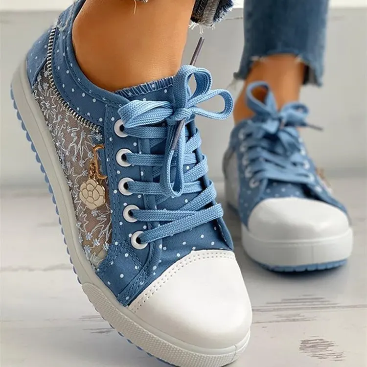 Women's Flat Shoes, Multifunctional Mesh Casual Shoes Round Toe Design Oversized Student Lace Up Hollow Out Casual Canvas Shoes - Image 3