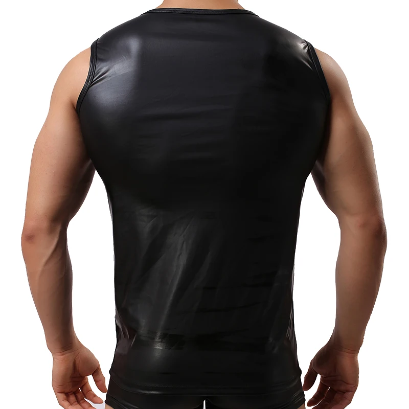 Mens Sexy PU Leather Tank Tops Sleeveless Shaping Sheath Stretch Shirts Soft Patent Leather T-shirts Sexy - Image 5