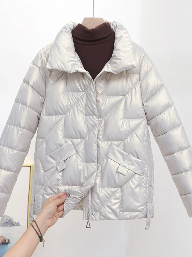 Women Jacket Winter Parkas Female 2023 New Glossy Down Cotton Jackets Stand Collar Casual Warm Parka Short Coat Female Outwear - Image 3
