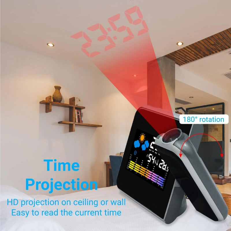 Color Screen Digital Projection Weather Alarm Clock, Electronic LED Adjustable Angle Projection Intelligent Alarm Clock - Image 6