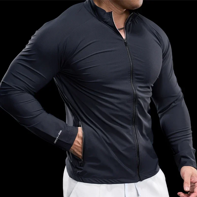Men's Sports Gym Jacket Running Fitness Training Long Sleeve Stretch Slim Standing Collar Tight Muscle Training Quick Dry Coat - Image 3