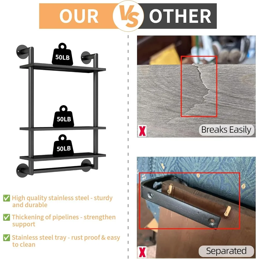 Bathroom Shelves Wall Mounted, 3 Tier Towel Racks with Towel Bar, 26in Stainless Steel Industrial Floating Pipe Shelves Over Toi - Image 4