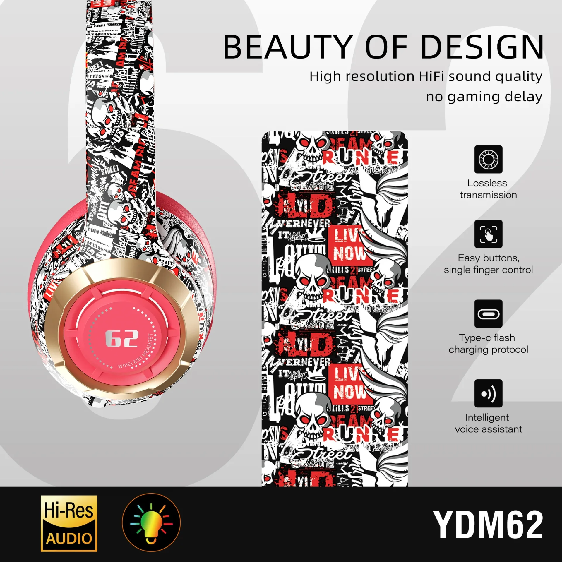 YDM62 Wireless Headphones HiFi Stereo Over Ear Bluetooth Headset With Mic Supports TF Noise Cancel Earphone For Cellphone PC - Image 4