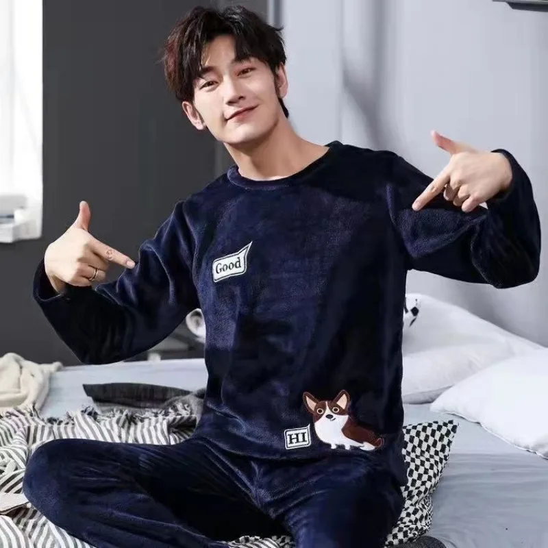 Winter Flannel Pajamas Men Korean Version of the Striped Padded Long-Sleeved Cartoon Nightwear Homewear Set Sleepwear Loungewear - Image 6