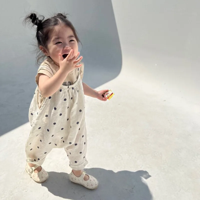2025 Summer New Girls Loose Overalls Versatile Kids Sling Trouser Baby Dot Print Jumpsuit Toddler Casual Pants Children Clothes - Image 2