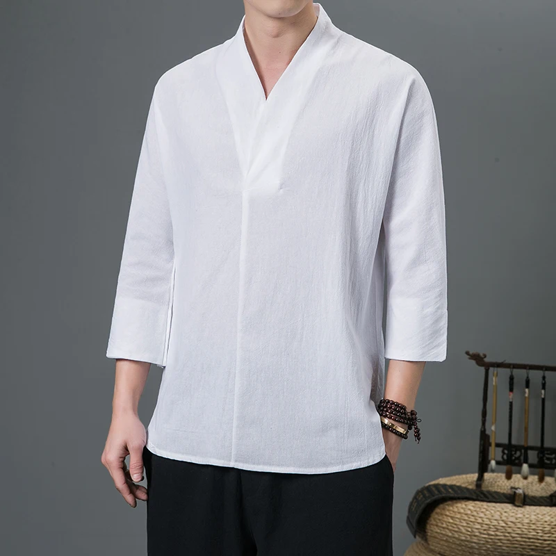 Shirts Men Solid Pullover V Neck Three Quarter Mens Kimono Shirts Traditional Streetwear Blouse Chinese Style Linen Shirts Man - Image 4