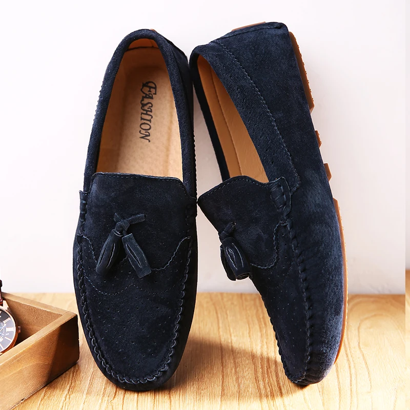 Fashion Brand Men's Suede Leather Shoes Soft Soles Comfortable Men's Loafers Massage Soles New Blue Commuting Driving Shoes - Image 2
