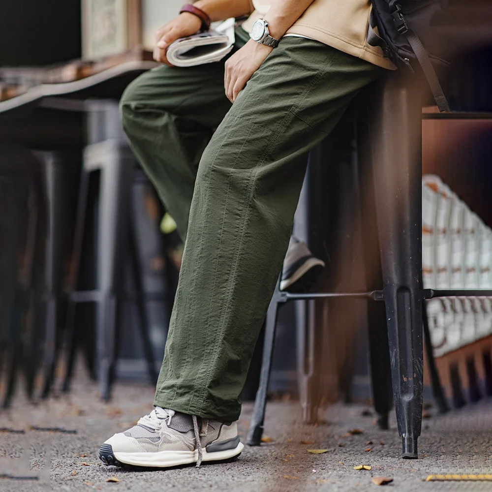 Maden Retro Thin Pants with No Elastic Waist and Braided Hemp Rope Elastic Leg Design Pants Green Straight Casual Pants for Men - Image 4