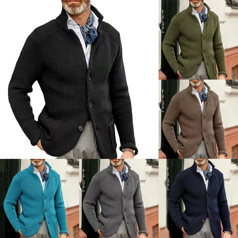 Men's Thicken Knitted Cardigan Sweater Autumn Winter Solid Color Fashion Slim Long-sleeved Stand-up Collar Knitting Jacket Coat - Image 2