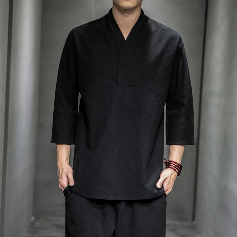 Shirts Men Solid Pullover V Neck Three Quarter Mens Kimono Shirts Traditional Streetwear Blouse Chinese Style Linen Shirts Man - Image 2
