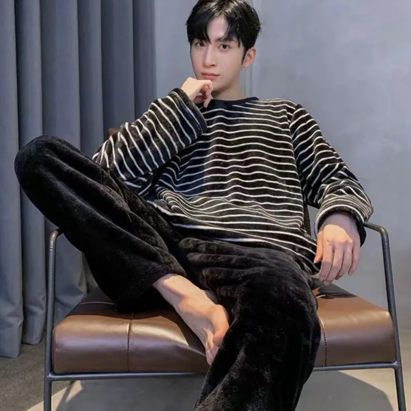 Winter Flannel Pajamas Men Korean Version of the Striped Padded Long-Sleeved Cartoon Nightwear Homewear Set Sleepwear Loungewear - Image 3