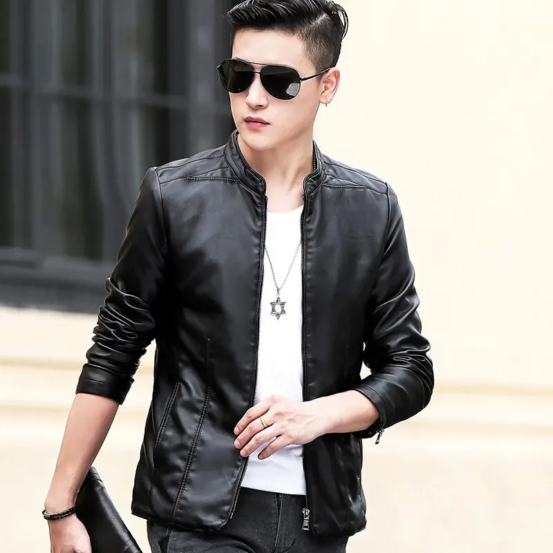 Fashion Solid Stand Collar Outwear Trendy Windproof Coat Streetwear Jackets Solid Color Casual Men's Motorcycle Leather Jacket - Image 2