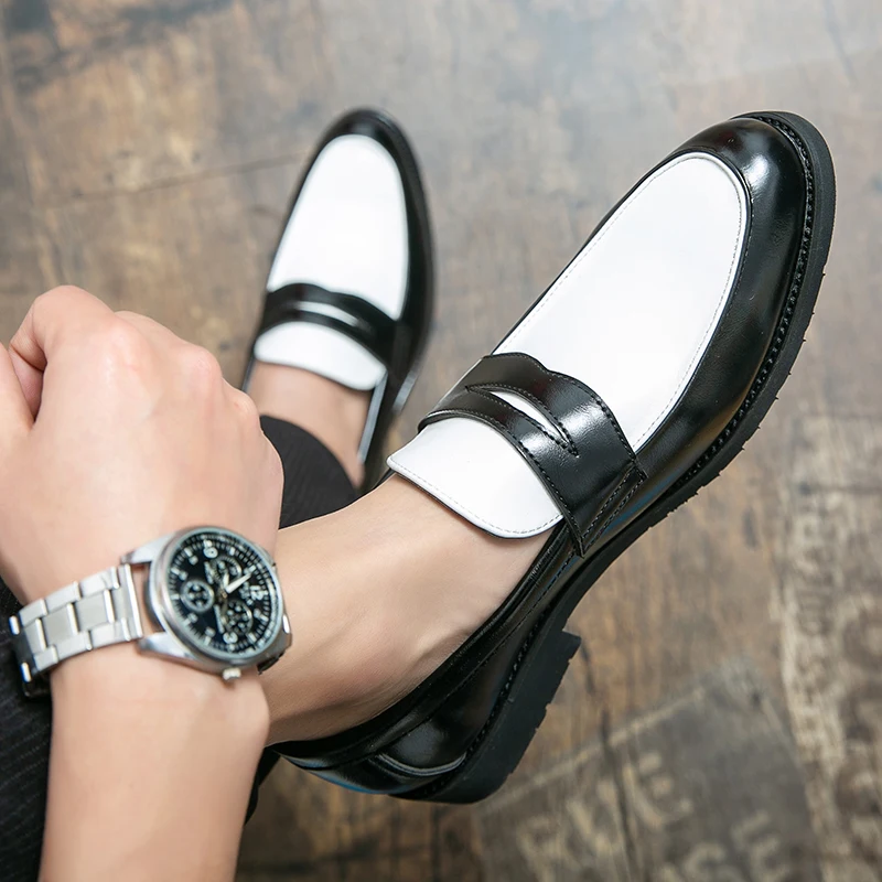 Luxury Brand Black and White Colorblock Loafers Men Slip-On Classic Style Casual Leather Shoes Thick Sole High Quality Moccasin - Image 3