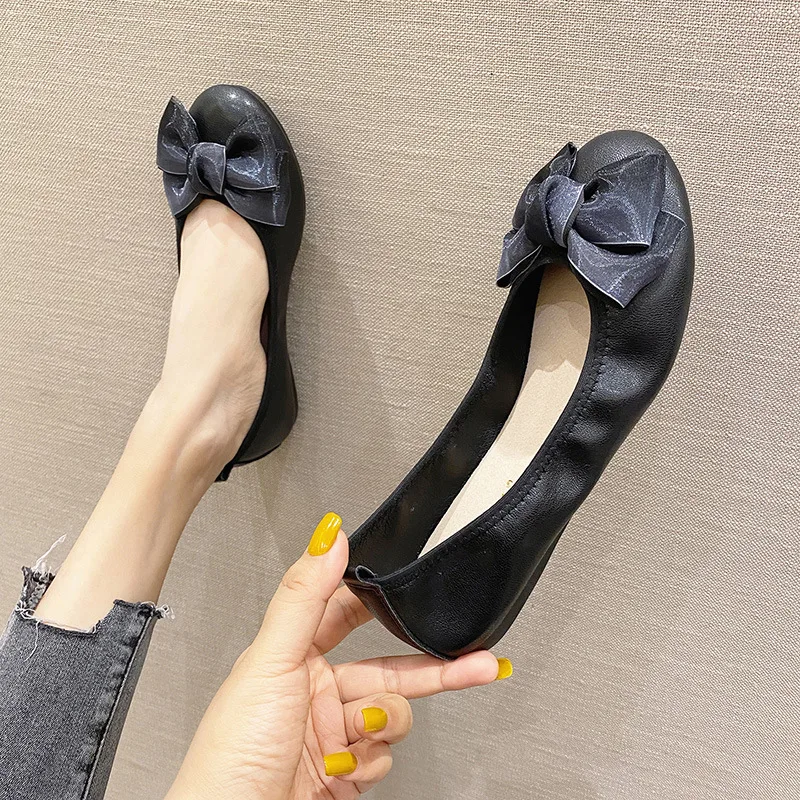 Womens Foldable Soft Round Toe Ballet Flats Butterfly Knot Sweet Comfortable Slip on Flat Ballerinas Shoes Woman PU Leather - Image 3