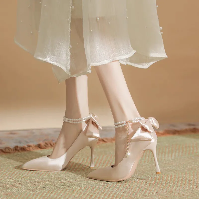 Size 35-40 Stiletto Heel Point Toe Pearls Buckle Belt 9cm High Heel Ladies Bow Satin Fabric White Wedding Shoes Women Pumps - Image 2