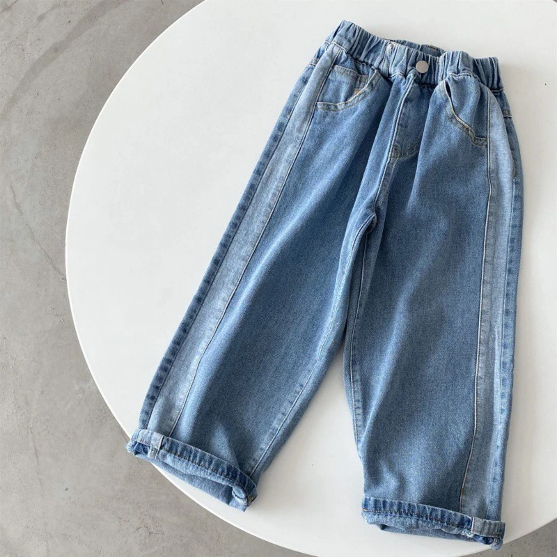 2024 Autumn New Kids jeans Contrast color side edges Boys straight denim Trousers Girls loose casual pants - Image 2