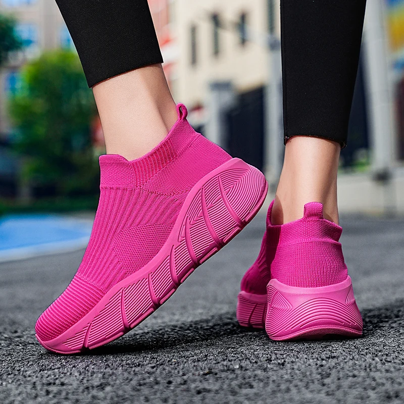 Fashion Platform Sports Shoes Men Orange High Top Knit Casual Sneakers Women Lightweight Breathable Slip-on Men's Running Shoes - Image 5