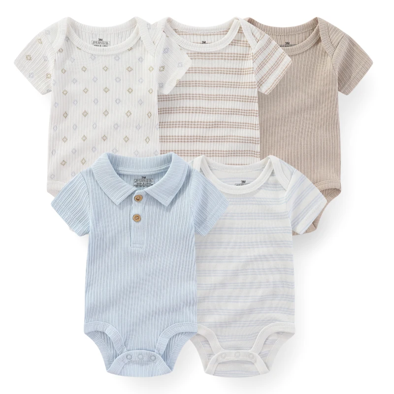 5Pieces Unisex New Born Bodysuits Print Summer Cotton Baby Girl Clothes Sleeveless Cartoon Baby Boy Clothes Set Solid Color - Image 2