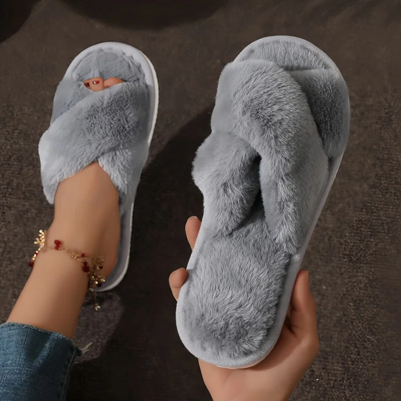 Fashion Cross Strap Fur Slippers Women Indoor Light Warm Plush Home Slippers Woman Faux Fur Flat Heel Couple Slides Plus Size 43 - Image 2