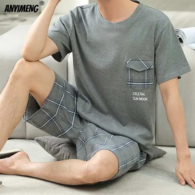 Men Pajamas Set Summer Cotton L-5XL Casual Sleepwear Minimalist Style Shorts Leisure Homewear Fashion Boys Nightwear Pijamas - Image 3