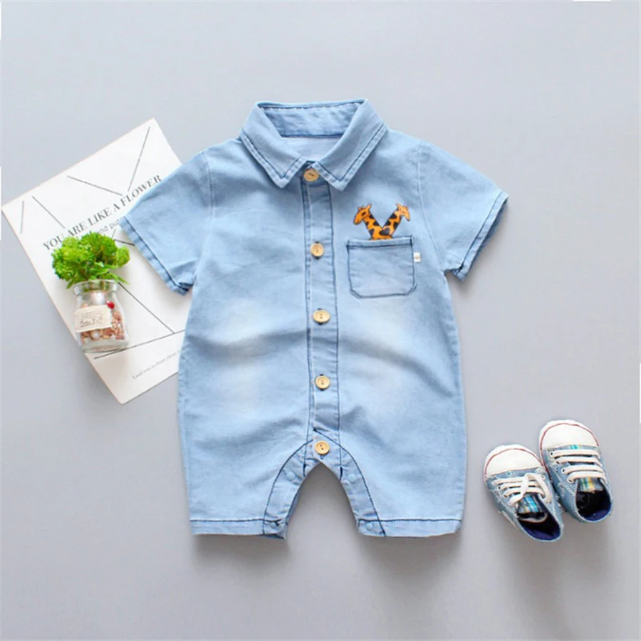 1 Pcs Baby Clothes Cute Cartoon Style Giraffe Print Denim Material Romper - Image 2