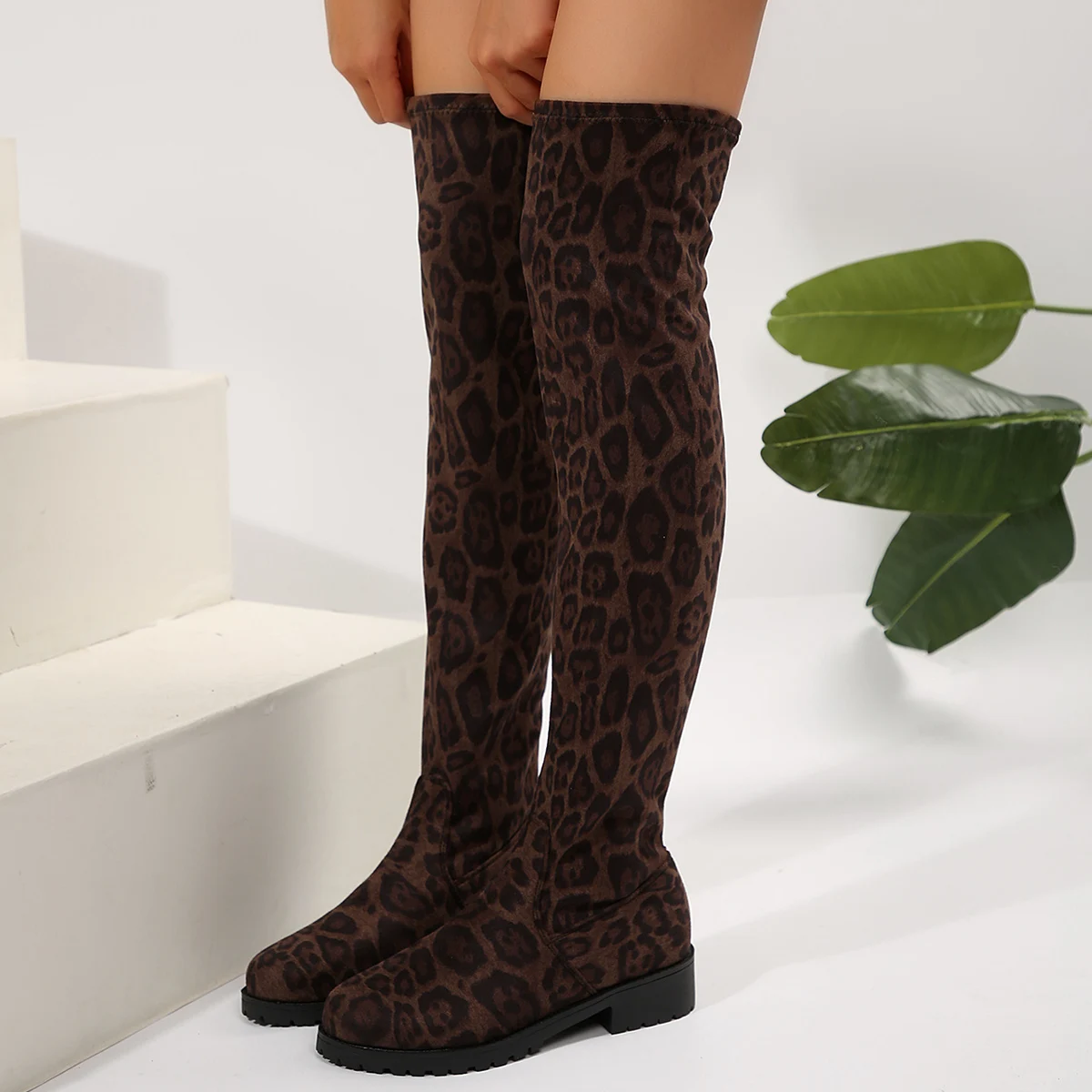 Women's Over-the-knee Boots Thigh High Low Heel Trend Elegant Plus Size Comfortable Fashion Round Head Black - Image 5